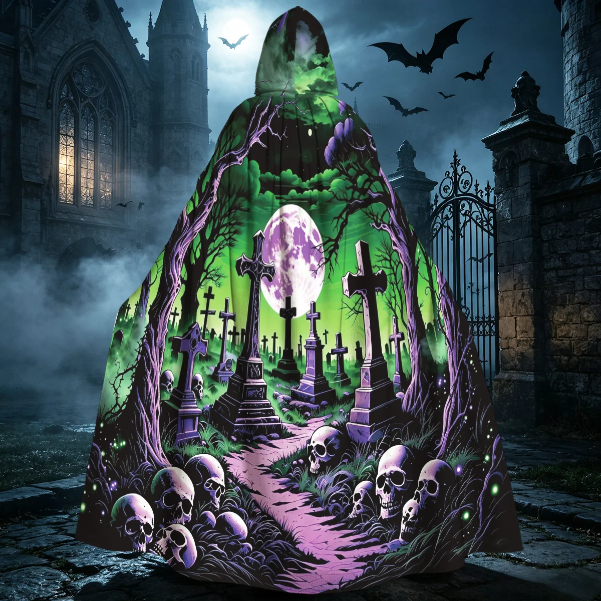 1pc Neon Purple Green Graveyard Full Moon Hooded Cloak Cape with Skull Art - Gothic Witch Wizard Robe for Adults