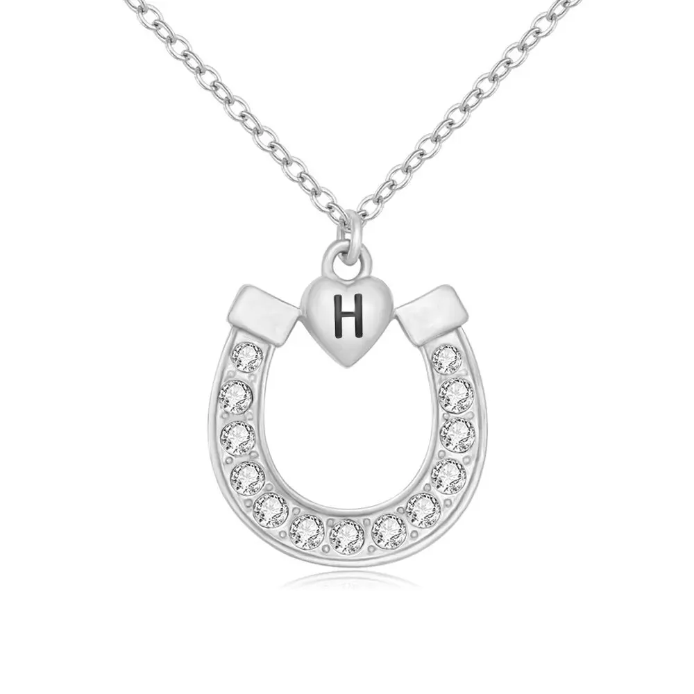 

Silver Crystal Lucky Horseshoe with Initial Letter Love Heart Pendant Necklace (H)