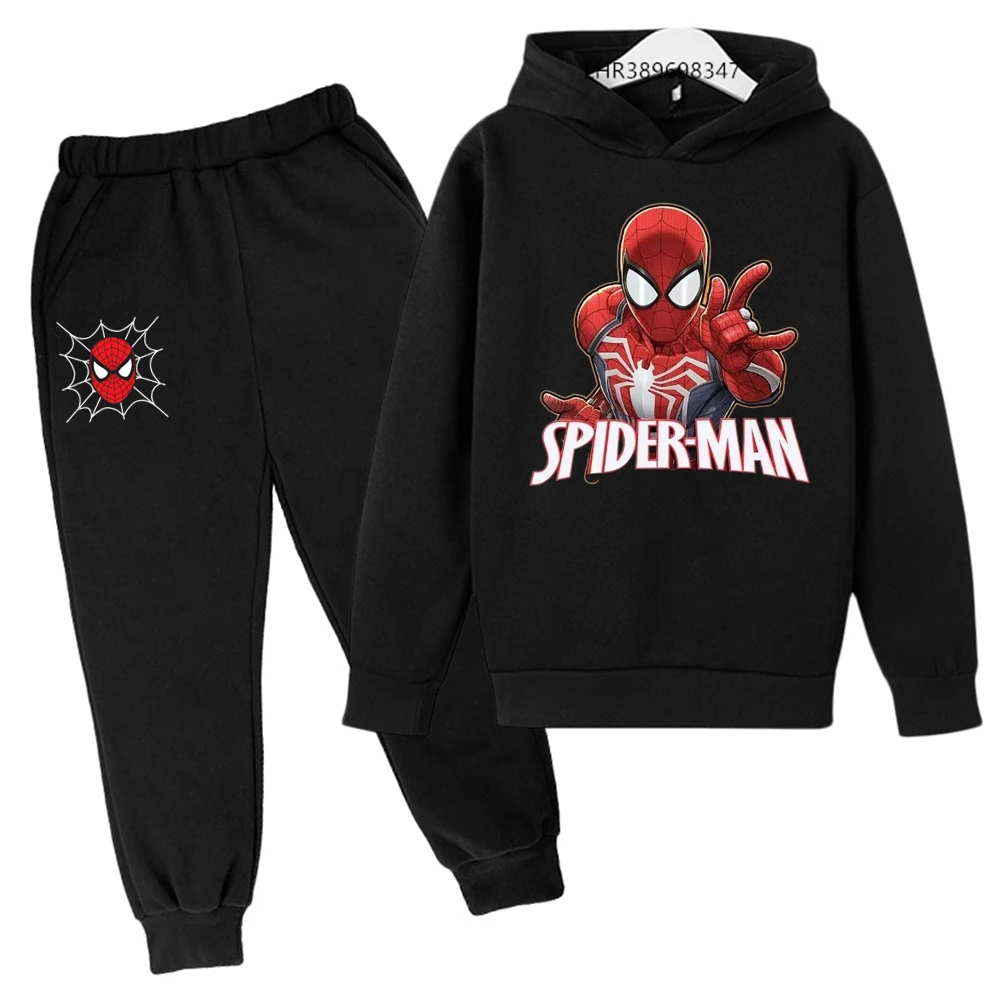 Jesienno-zimowa bluza dziecięca odpowiednia 3-12 lat chłopcy dziewczęta Anime Spider-Man odzież odzież wierzchnia bluza + spodnie czarny zestaw