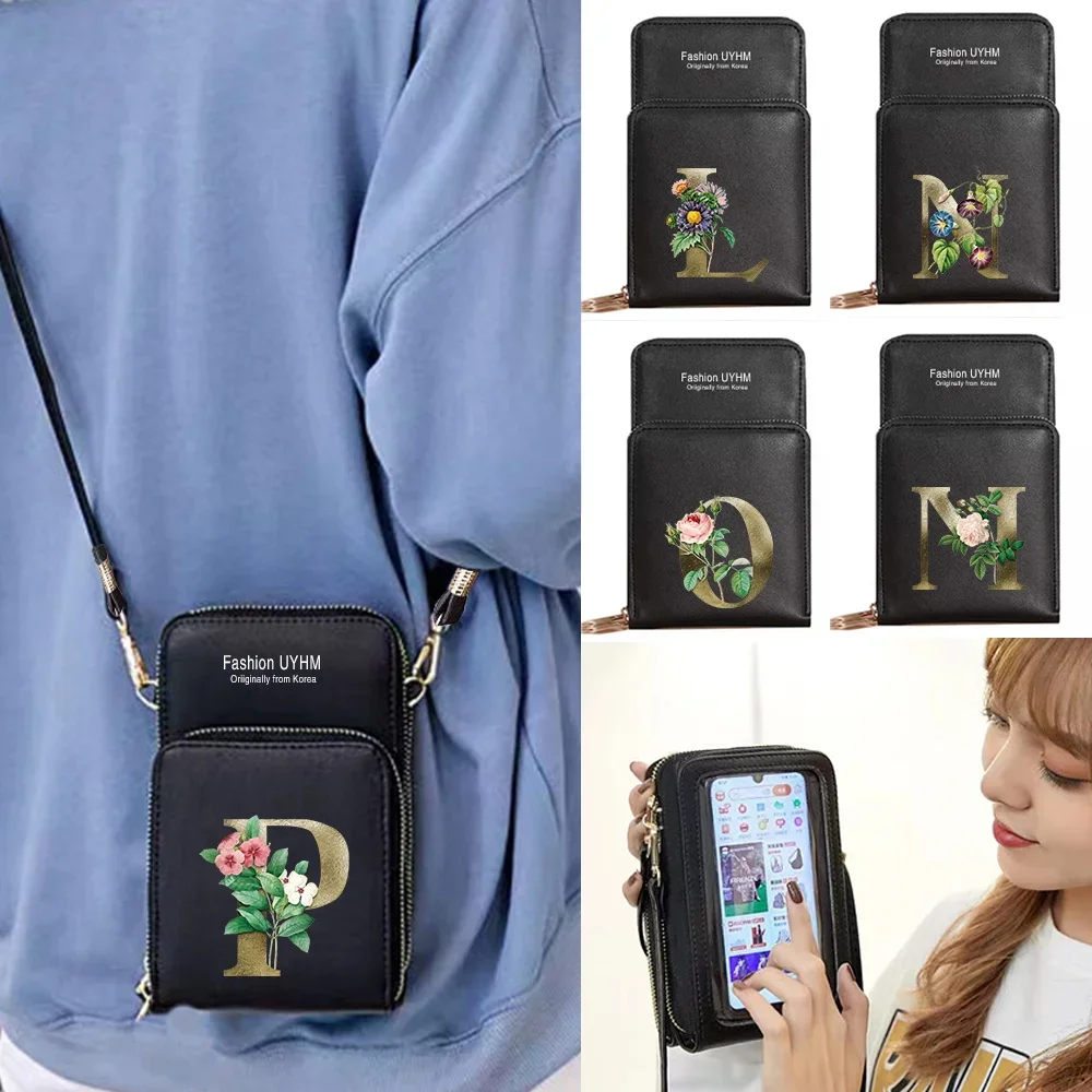 Mobile Phone Bag Touch Screen Universal For IPhone Samsung Huawei Cell Cover Case Leather Shoulder Bags Golden Flower Printed