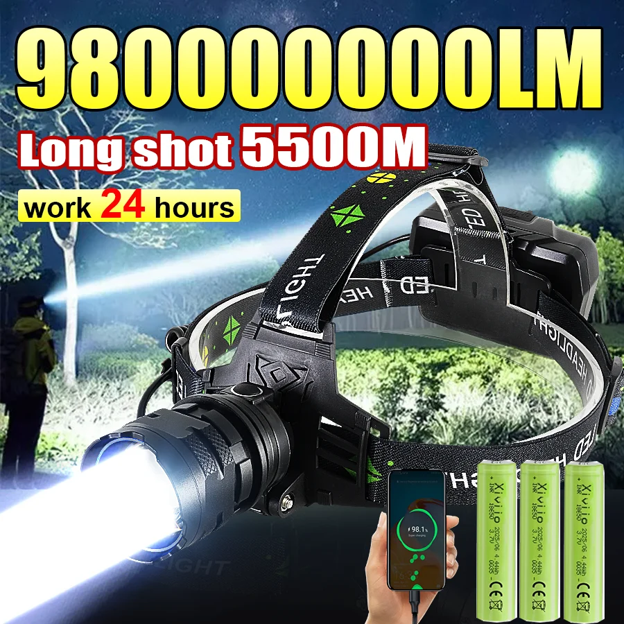 

980000000LM Сверхмощный светодиодный налобный фонарь Супер яркий налобный фонарик Рыбалка Охота Дальний радиус действия 5500 м Перезаряжаемый налобный фонарь