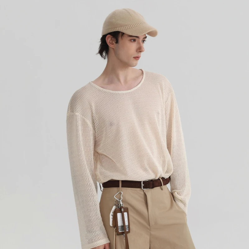LUZHEN 2026 New Original Elegant Solid Color Loose Long Sleeve T-shirts Men's High Quality Mesh Breathable Casual Clothes JY7857