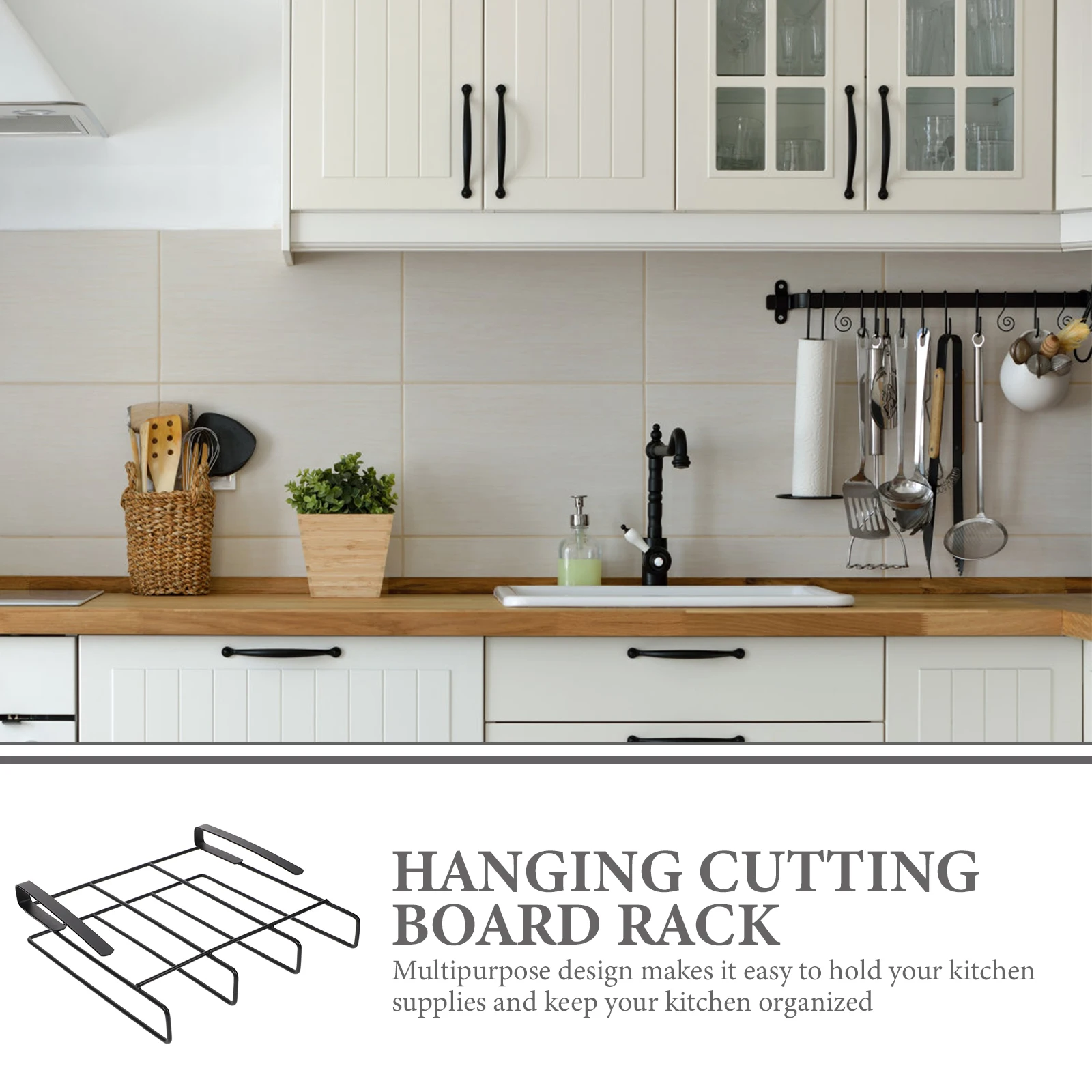 

Cutting Board Rack Stainless Steel Black Holder Organizer Multi-use Design Pot Covers Mugs Kitchen Supplies Under Cabinet Shelf