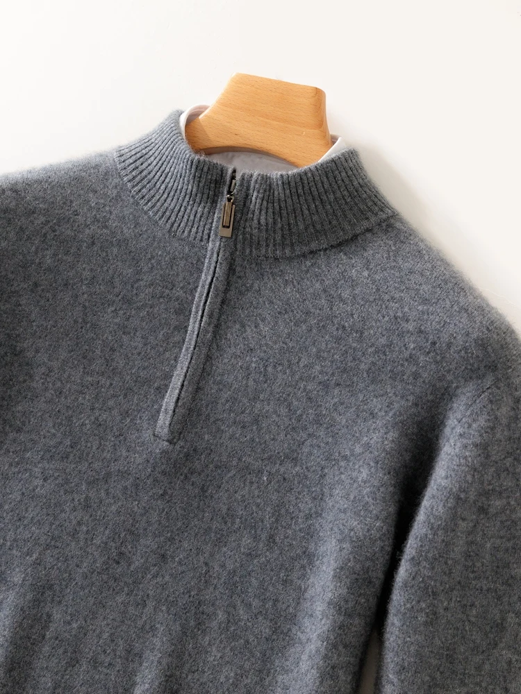 

New High Quality Men 100% Cashmere Sweater Zipper Mock Neck Long Sleeve Pullover Autumn Winter Smart Casual Style Cashmere Tops