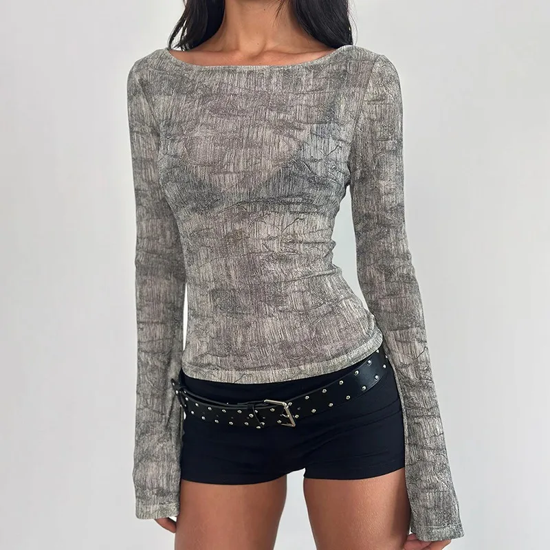 2026 moda o pescoço padrão animal manga alargada camiseta sexy fino topo primavera verão nova streetwear casual manga comprida topo