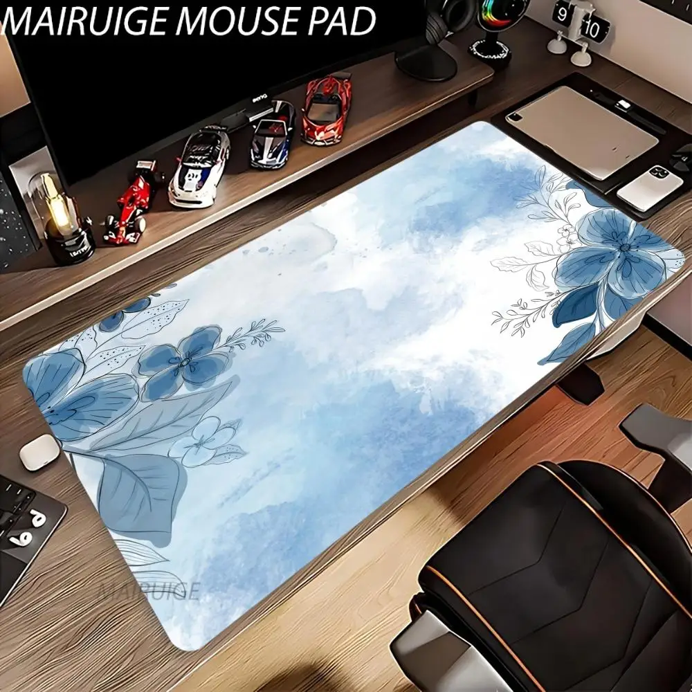 Blue Floral Mouse Pad Large Computer Office Game Table Mat XXL Rubber Anti-slip Stitched Edges Keyboard Mats Home Long Desk Pads