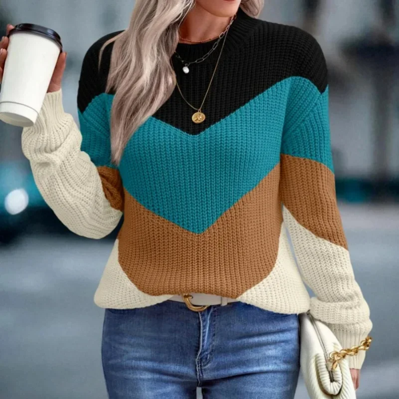 Swetry z dzianiny Swetry damskie Swetry w paski Okrągły dekolt Streetwear Pullover Top Casualowy ciepły sweter z długim rękawem Jesień Zima