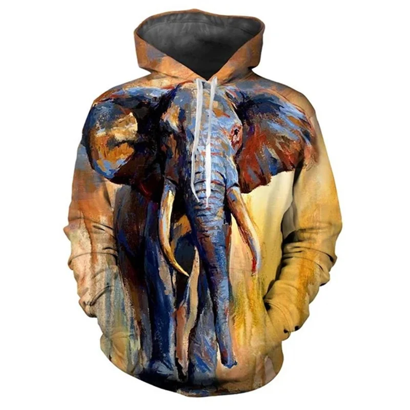 3D Printed Oil Painting Elephant Hoodie Men Kids Funny Cute Animal Pattern Hooded Coat Streetwear Long Sleeves Hooded Pullover