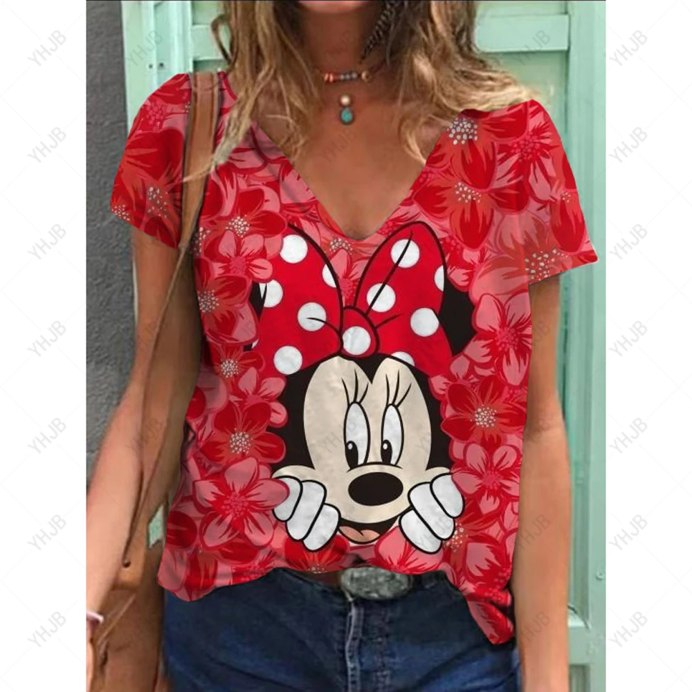 

5XL Ladies Tops Casual Short Sleeve V-Neck Loose T Shirt Women 3D Disney Minnie Mickey Mouse Summer Tees New Breathable Clothes