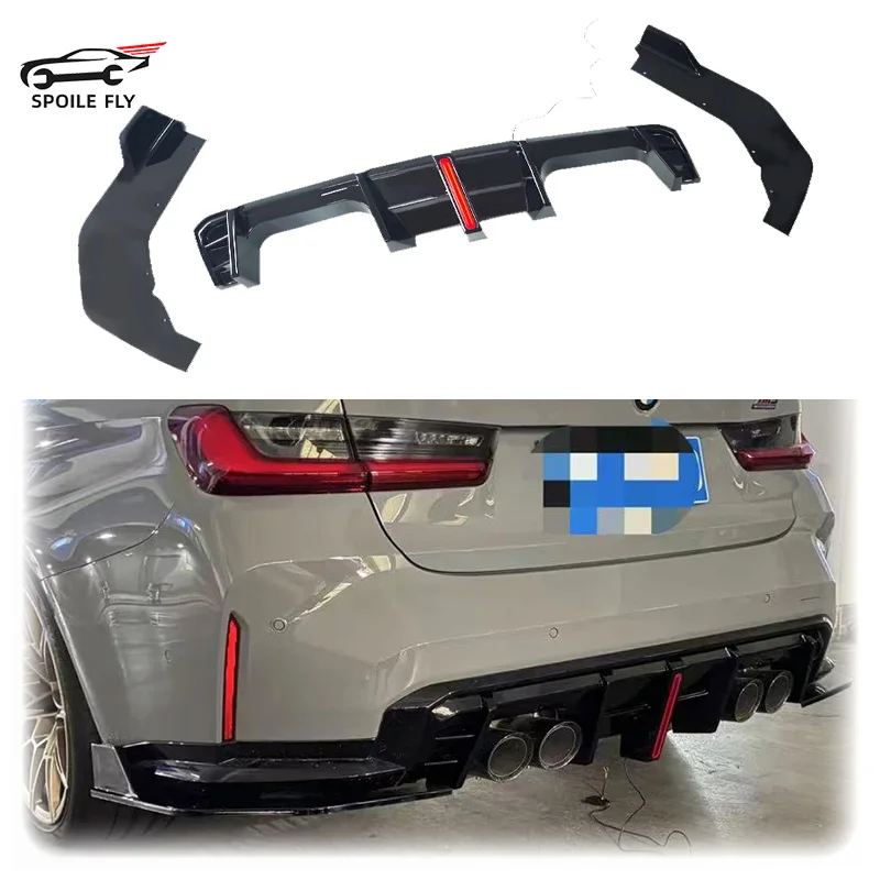 

2021 To Up 3PCS For BMW G80 M3 Car Rear Bumper Diffuser Lip Protector Guard With LED Light Splitters Gloss Black Body Kit
