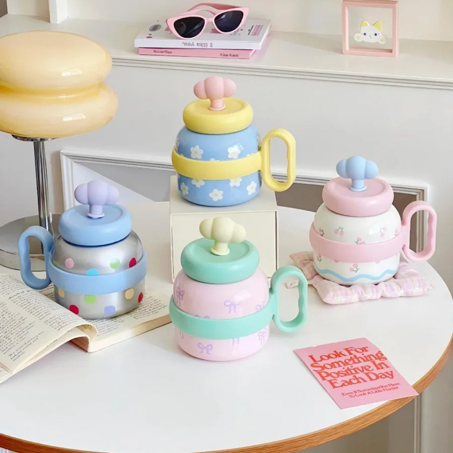 

High-color value large-capacity ceramic liner insulation cup girls desktop cup stainless steel with straw cloud water cup