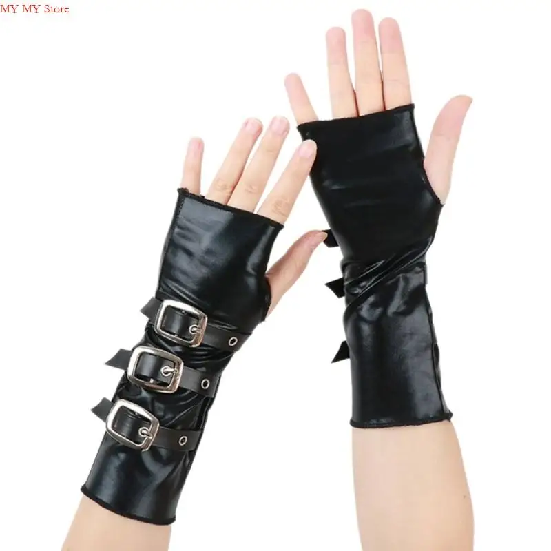 

N1HE Punk Fingerless Gloves PU Leather Metal Buckles Arm Sleeves for Evening Party