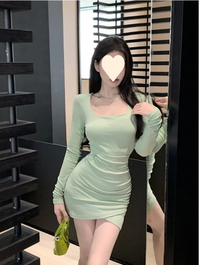 

Pure desire style spicy girl simple long sleeved dress autumn slim fit slimming effect solid color short skirt women's OJ5E