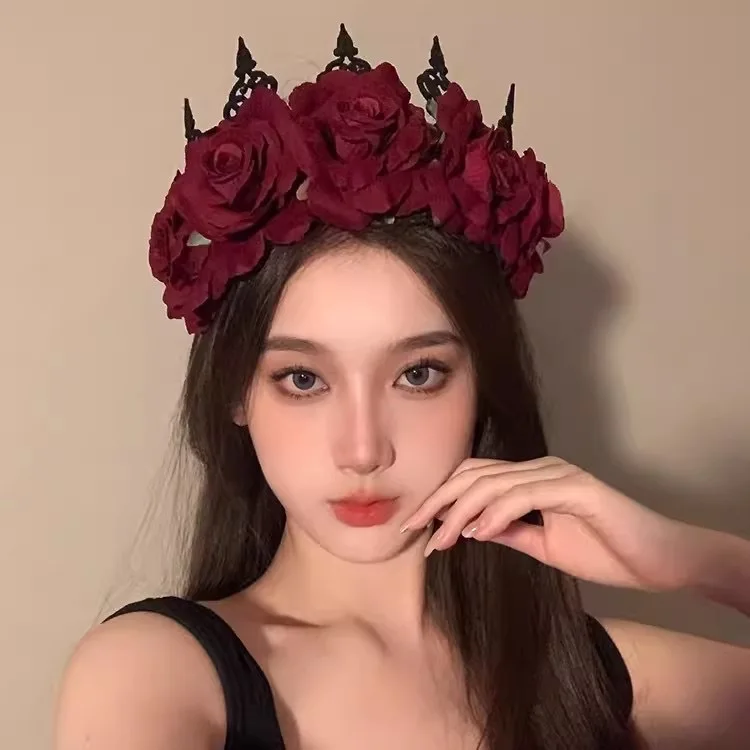 

Red Rose Flower Headband Lolita cos Hair Accessories Gothic Bridal Wreath Lolita Diablo Tiara Halloween
