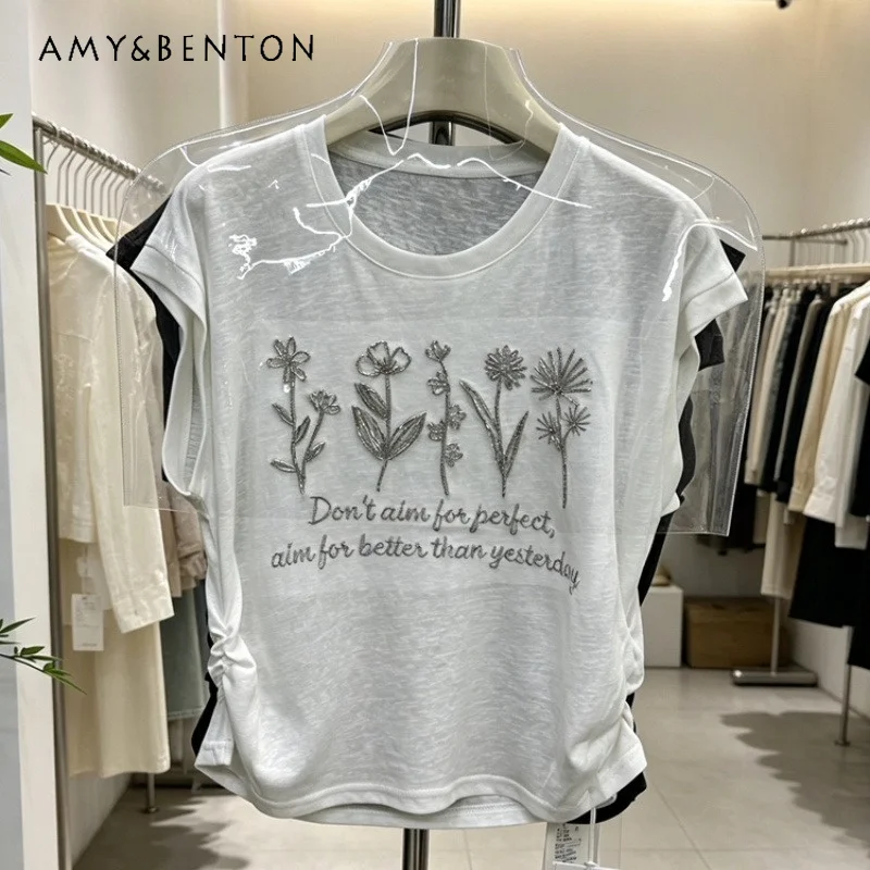 

2026 Summer Fashion Design Women's Sleeveless T-Shirt European Style Heavy Craft Embroidered Flower Fly Sleeves Loose Top Tees