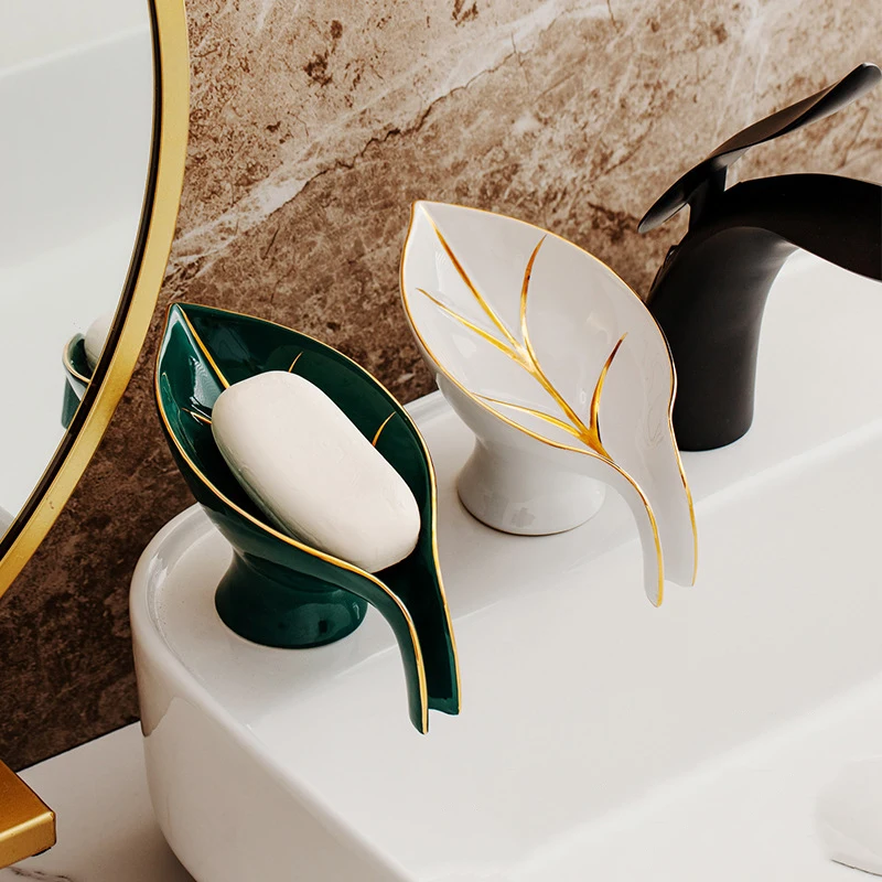 

New Light Luxury Style Creative Portable Leaf Soap Holder Bathroom Household Ceramics Drain Soap Rack Soap Dish Tray