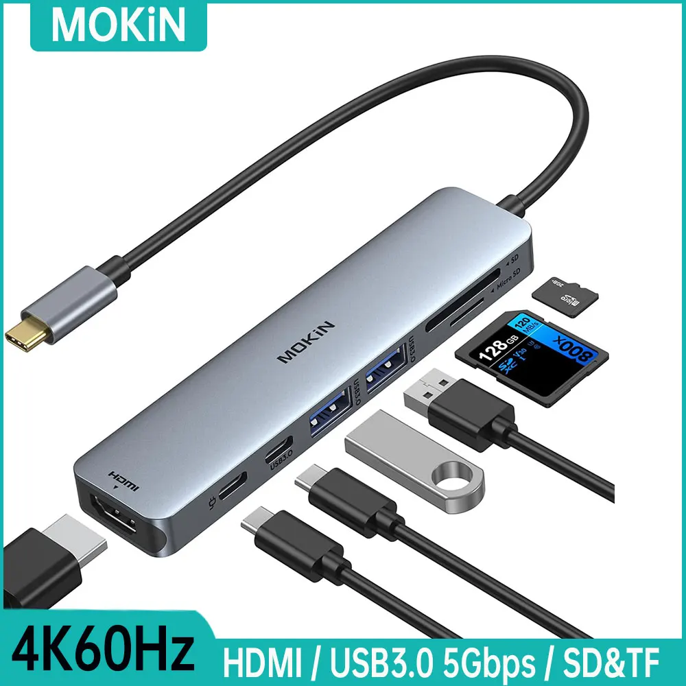 

MOKiN 7Ports USB C Hub Type C to HDMI 4K 3USB3.0 5Gbps PD 100W Adapter Docking Station For Macbook iPad Pro M2 M1 PC Accessories