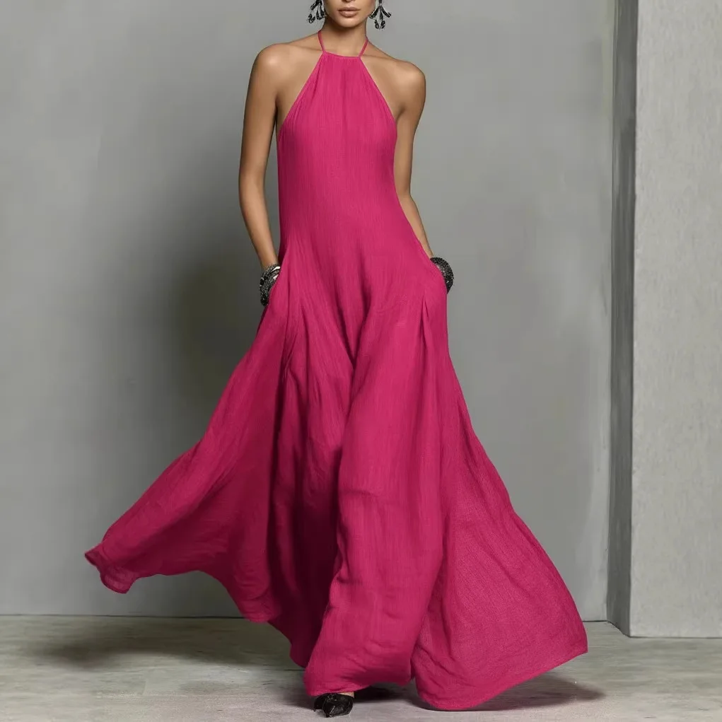 New Summer Women Halter Lace-Up Party Dress, Holiday Sleeveless Patchwork Maxi Dress, 2026 Elegant Solid Backless Ladies Dresses - Image 3