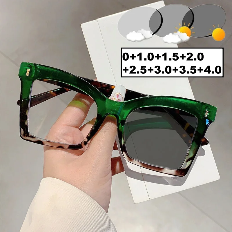 

Women's Oversized Photochromic Reading Glasses Men Square Color Changing Presbyopia Outdoor Anti-UV Far Sight Glasses 0+1.0+4.0