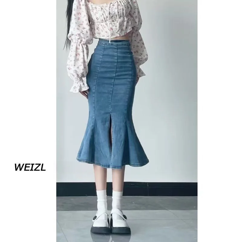 

Slim Fit High Waist Denim Skirt with Slit mid Length Thin Material Spring Summer Casual Blue Cotton Polyester Blend Skirt