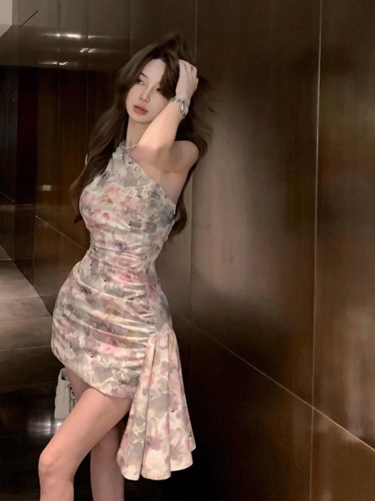 

Elegant Summer Short Dress Women's Fashion Asymmetrical Wrap around Skirt High Waist No Sleeve Floral Print Korean Style