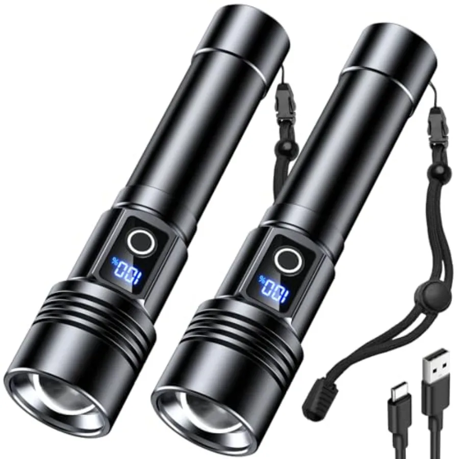 Rechargeable LED Flashlight High Lumens, 2 Pack Portable Flash Light USB C Rechargeable, 6 Modes, 30H Moonlight, Zoomable Alumi