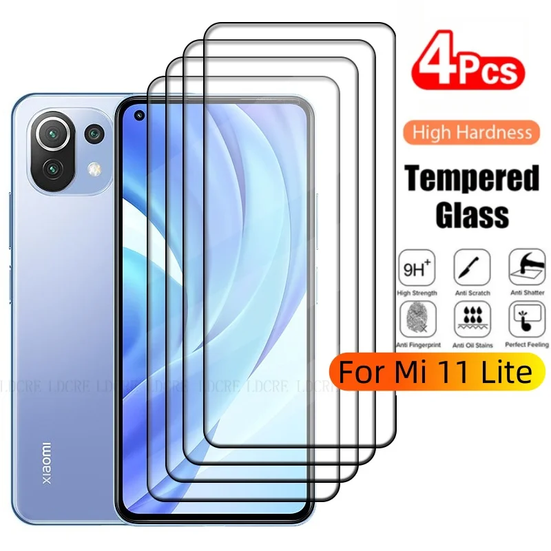 4Pcs Für Xiaomi 11 Lite Glas Xiaomi 11 Lite Gehärtetem Glas Schutzhülle Volle Abdeckung Kleber 9H HD Screen Protector Xiaomi Mi 11 Lite