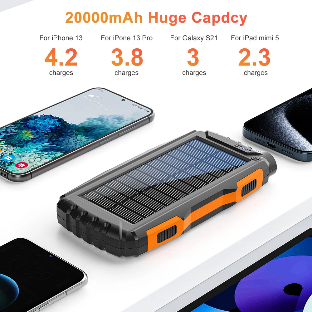 20000mAh Portable Solar Power Bank External Battery Fast Charging Waterproof Powerbank with SOS Flashlight Poverbank for Xiaomi