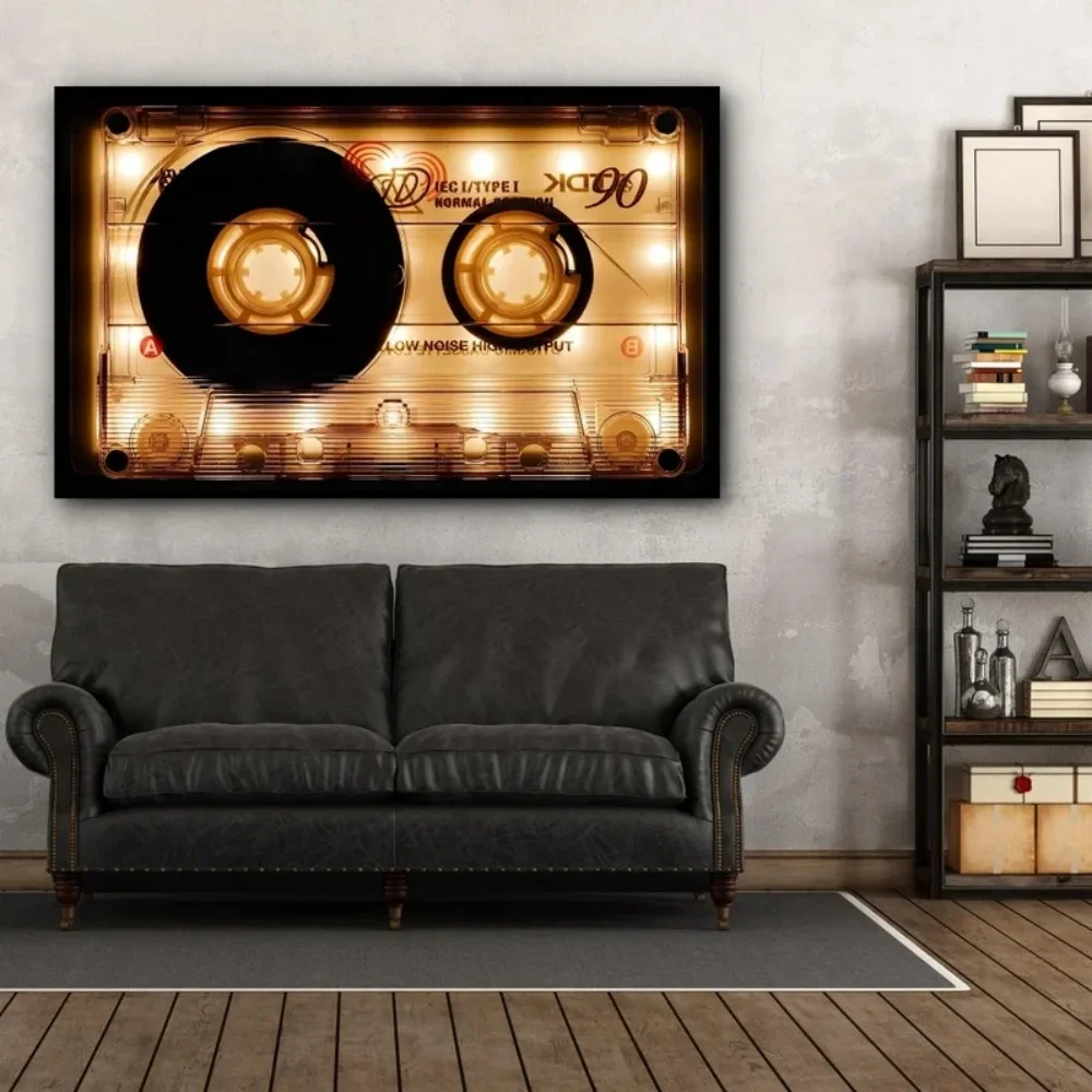 Multiple sizes 1pc frameless Canvas Painting,Vintage Golden Cassette Tape Canvas Wall Art  Retro Glow Audio Tape Poster  80s 90s
