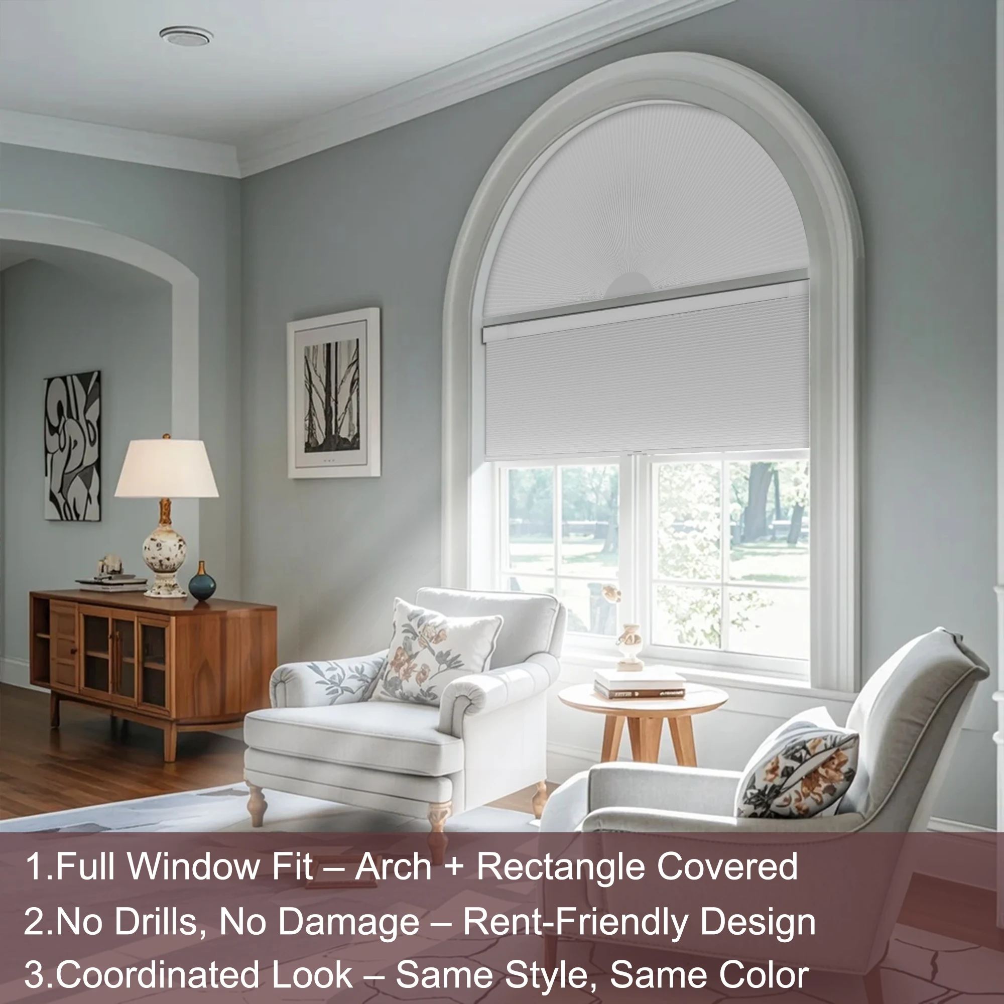 Sinsbest Arch Window Shades Blackout Half Circle Cordless Cellular Shades No Drill Half Moon Honeycomb Blinds for Indoor Window