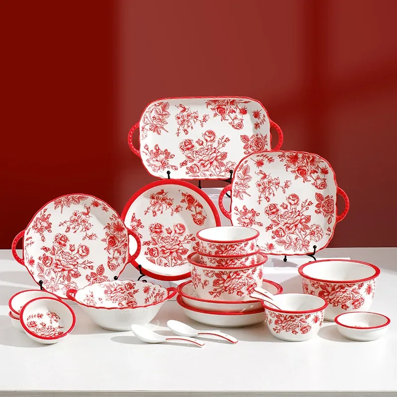 

Chinese Style Pratos De jantar Conjunto Red Ceramic Plate Sets Simple Serving Dishes Tableware High Temperature Resistant صحون