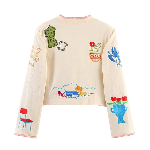 Imagen 2 del producto YENKYE moda mujer Chaqueta corta bordada cuello alto cárdigan de manga larga abrigo 2025 otoño ropa de calle prendas de vestir exteriores para mujer