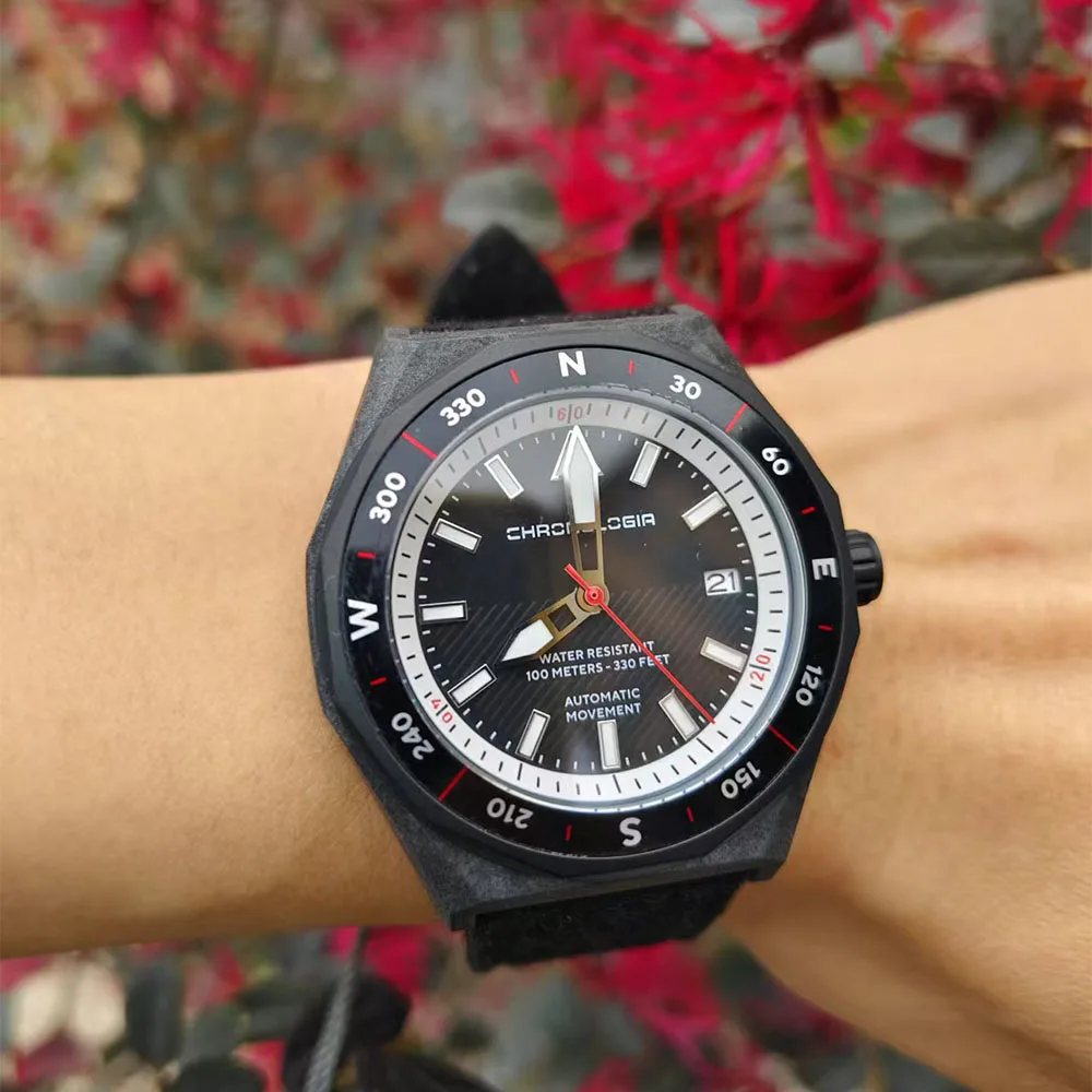 43mm Carbon Fiber Watch for Men Automatic Sports Mechanical 100m Waterproof Wrist Watches Luminous Calendar Center-seconds Clock