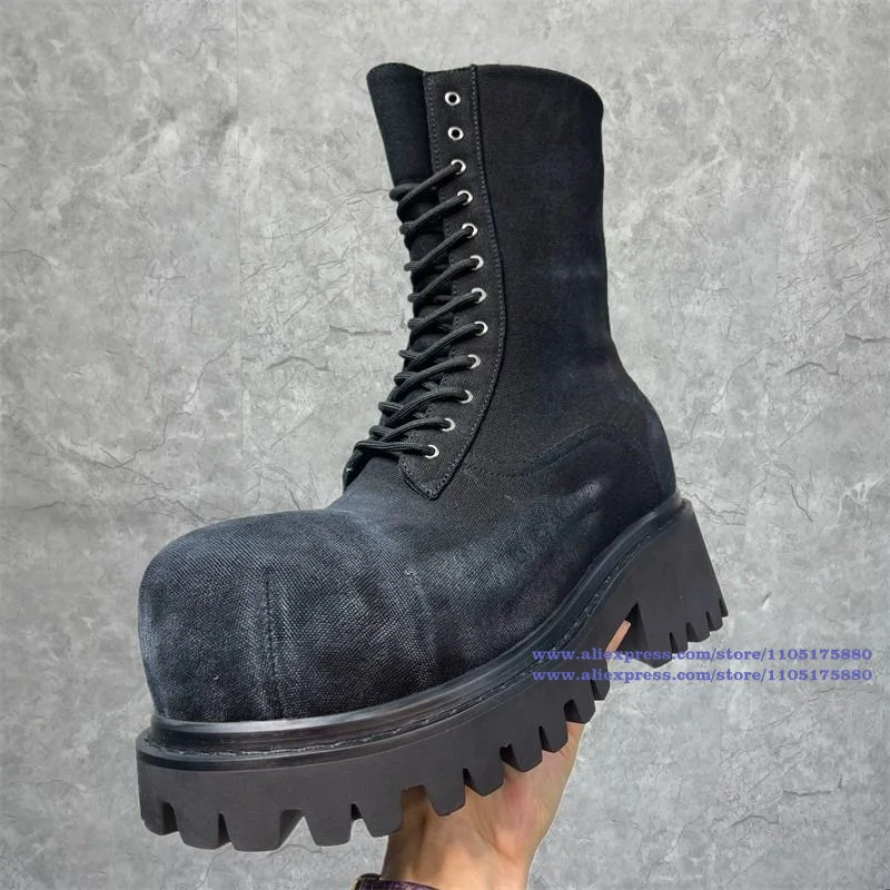 Black Denim Motorcycle Men's Boots Vintage Style Round Toe Height-Increasing Side Zipper Boots Designer Men's Shoes Botas Mujer