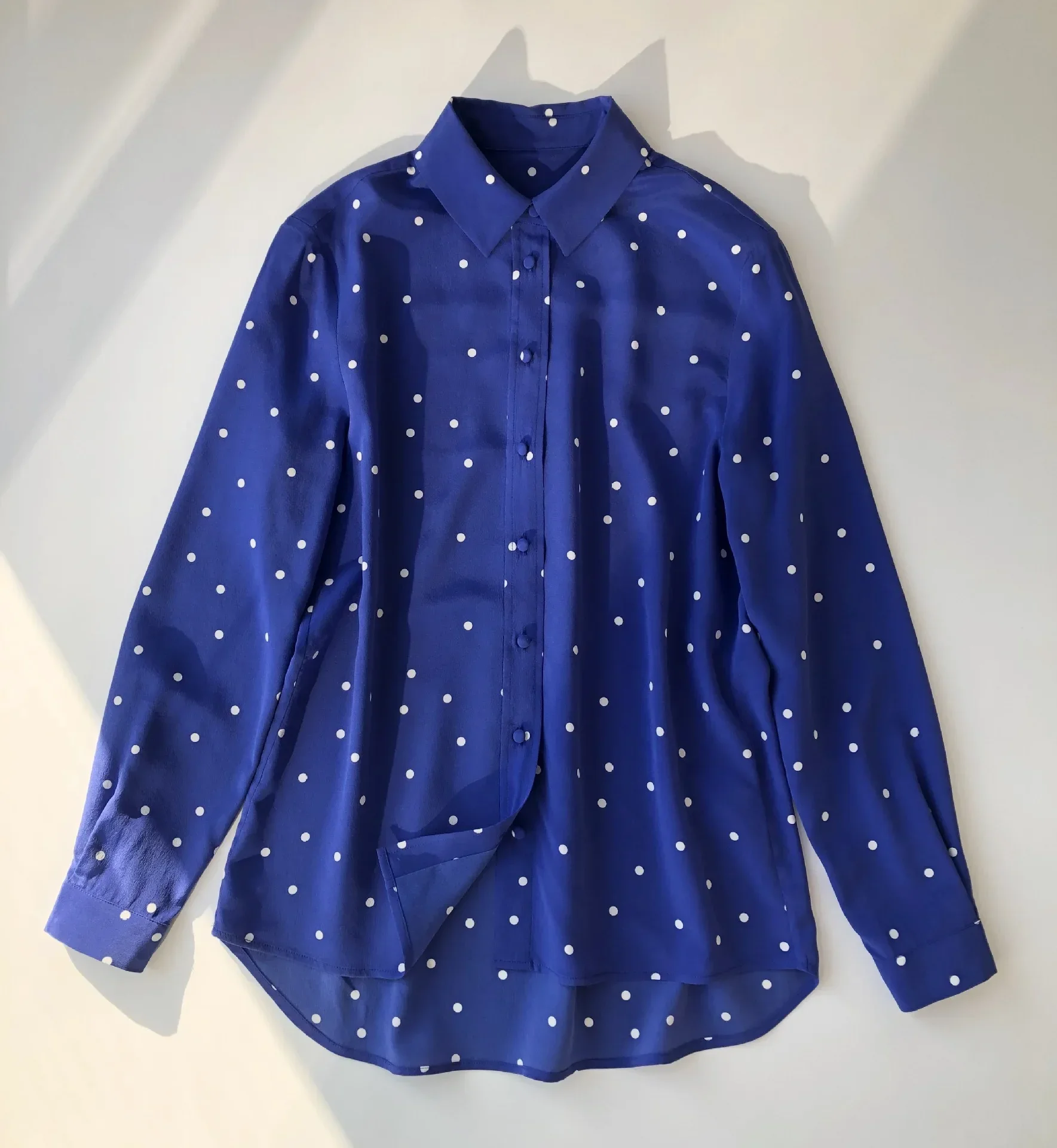 

French Retro Sand-Washed 100% Silk Long Sleeve Shirts And Blouses Women Blue Dots Shirt Casual Tops Office Lady Elegant Shirts