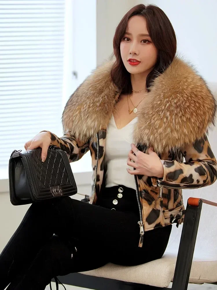 OFTBUY 2023 Luxury Winter Women Genuine Leather Short Brand Women Sheepskin Leopard Print Motorcycle Jacket Big Fur Collar Slim