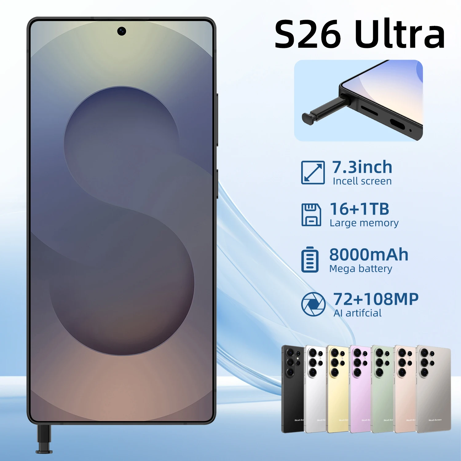 Hot 2026 New S26 Ultra Global Version 5G Dual Card Dual Standby System Original Intelligent 7.3inch 8000mAh Battery Arrival