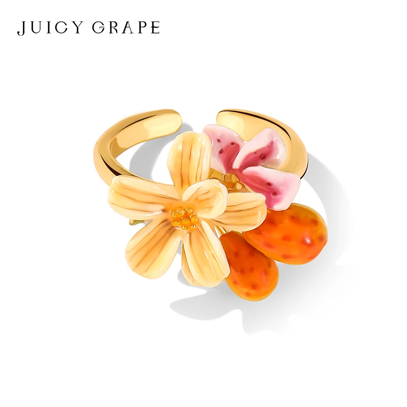 Juicy Grape Enamel Pear Blossom Grape Jewelry Set Ring Necklace Bracelet Gold Plated Boho Summer Gift for Women
