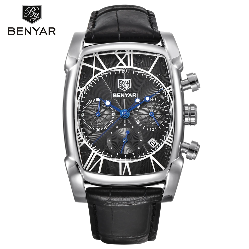 BENYAR Classic Rectangle Case Fashion Sport Chronograph Men\'s Watches Waterproof 30M Genuine Leather Strap Luxury Quartz Watch