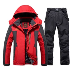 Inverno Homens Ski Suit Marcas Windproof Waterproof Thicken Warm Snow Coat Esqui Snowboarding Fleece Jacket E Strap Pants Set