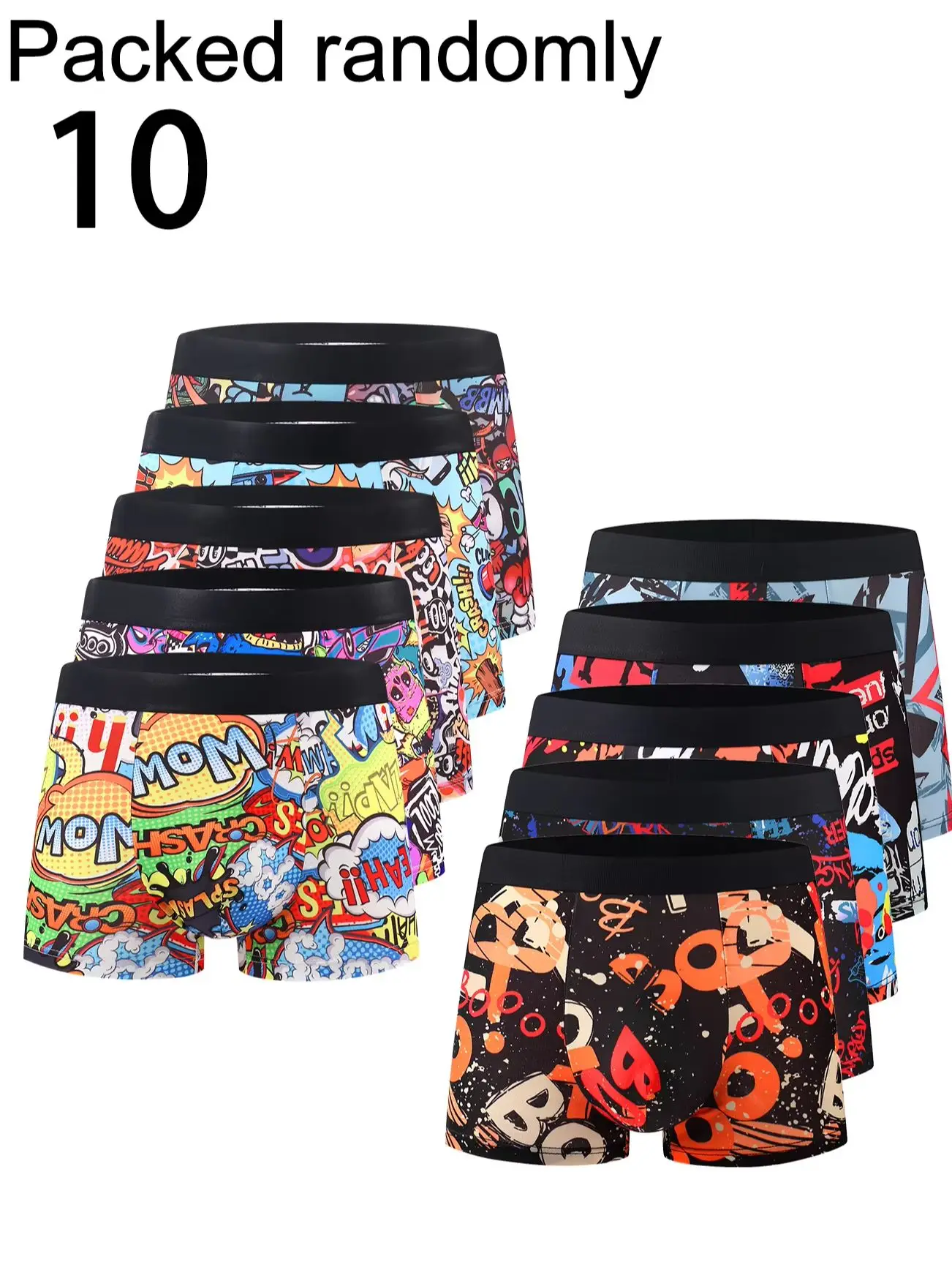 10-Pack Random American Graffiti Print Men's Boxer Shorts High Elasticity Mid-Waist Briefs Trendy Cartoon Print Skin-Friendly Co