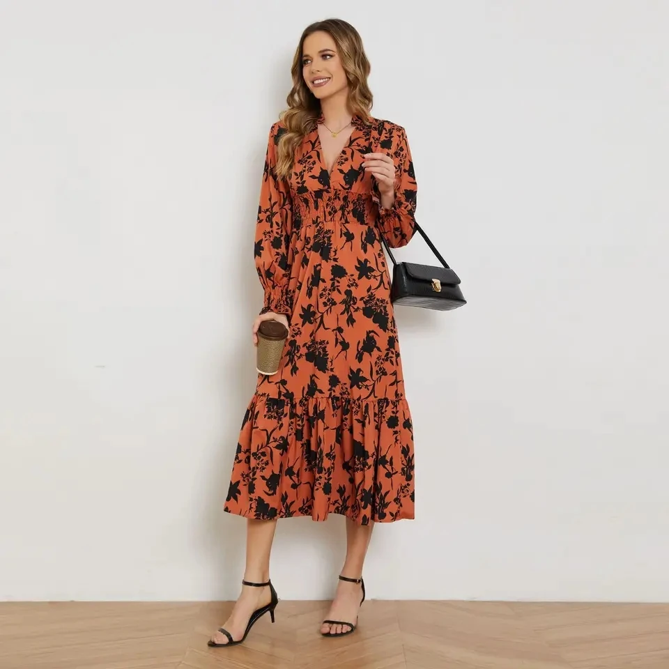 

Autumn Loose Ropa De Mujer A-shaped Bohemian Print V-neck Long Sleeve Beach Vacation Vestidos De Manga Larga Party Dresses Woman