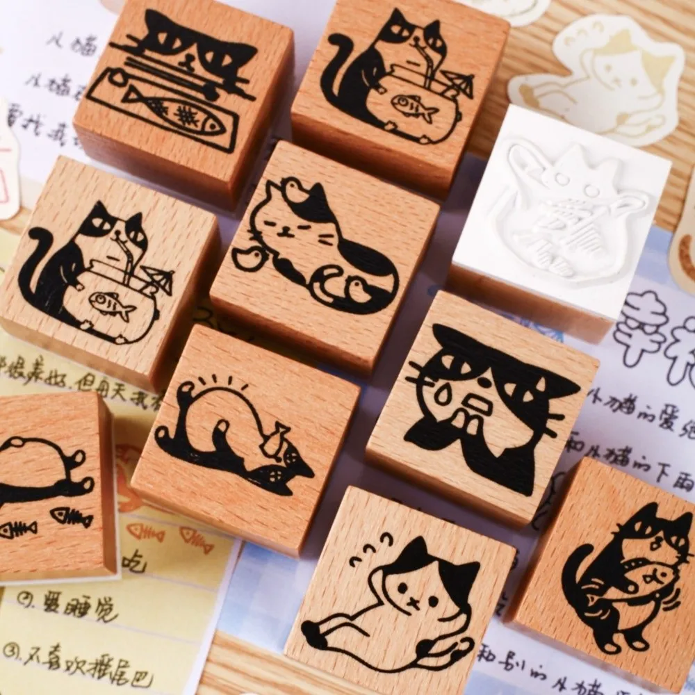 Cute Vintage Style Wooden Stamp Rubber Base Cartoon Cat Seal Stamping DIY Journaling Student Stationery Card Making