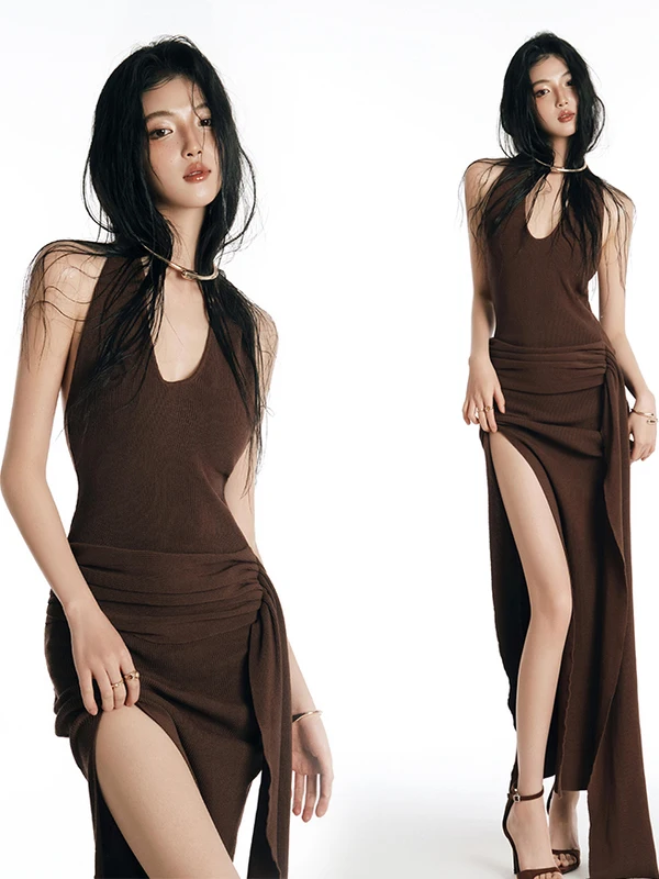 New Arrival Knitted One-Shoulder Dress Women's High-End Sensation Pure Desire Sexy Backless Gown for Photo Studio