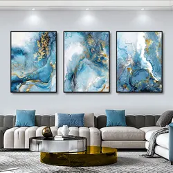 3pcs Luxury Marble Texture Canvas Prints Blue And Gold. Natural Stone Color Material Pattern. Creative Art Paintings Home Decor