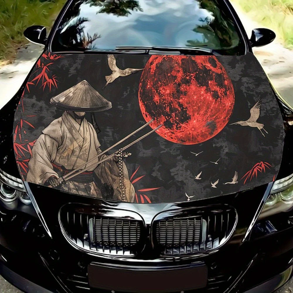

Japanese Samurai Flying Bird Bamboo Red Full Moon Car Hood Decal Sticker, Durable Car Vinyl Wraps Suitable for Most Vehicles, Au