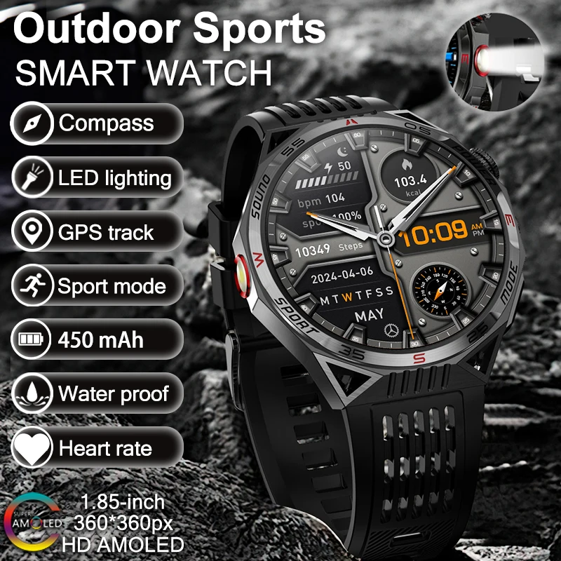 2024 New 1.85-inch outdoor Men Smart Watch IP68 Waterproof 450Mah B attery LED Strong Flashlight Bluetooth Call Smartwatch + Box