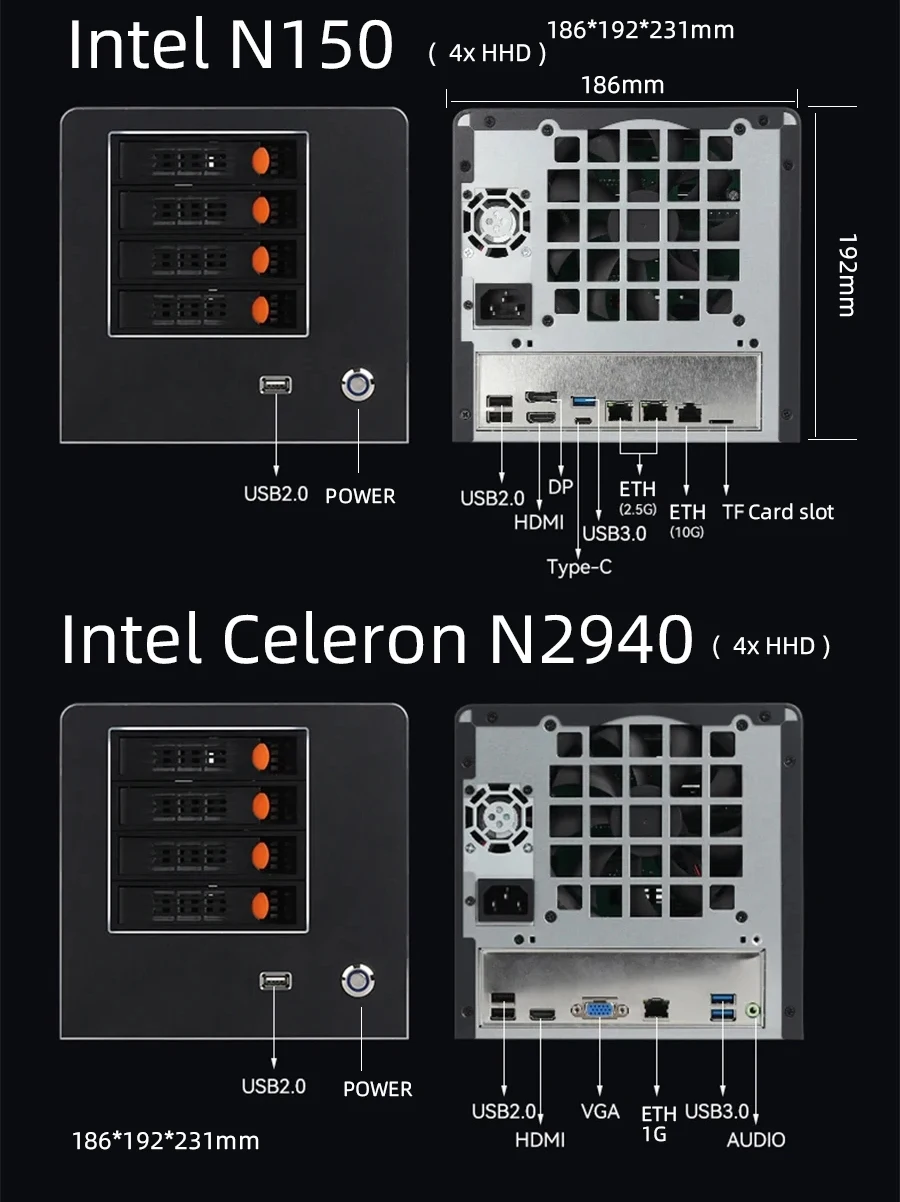 XCY X108 NAS 4/6/8 отсеков 2,5/3,5-дюймовый жесткий диск SATA Intel N150 DDR5 M.2 NVMe SSD 10G Ethernet Type-C Windows11 Linux RAID FreeNas