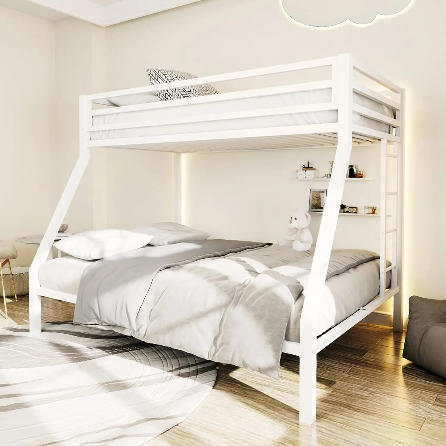 NEW Metal Bunk Bed, Twin Over Full Size Beds with Sturdy Guard Rail & Removable Ladder, Space-Saving/Noise-Free/Matte White