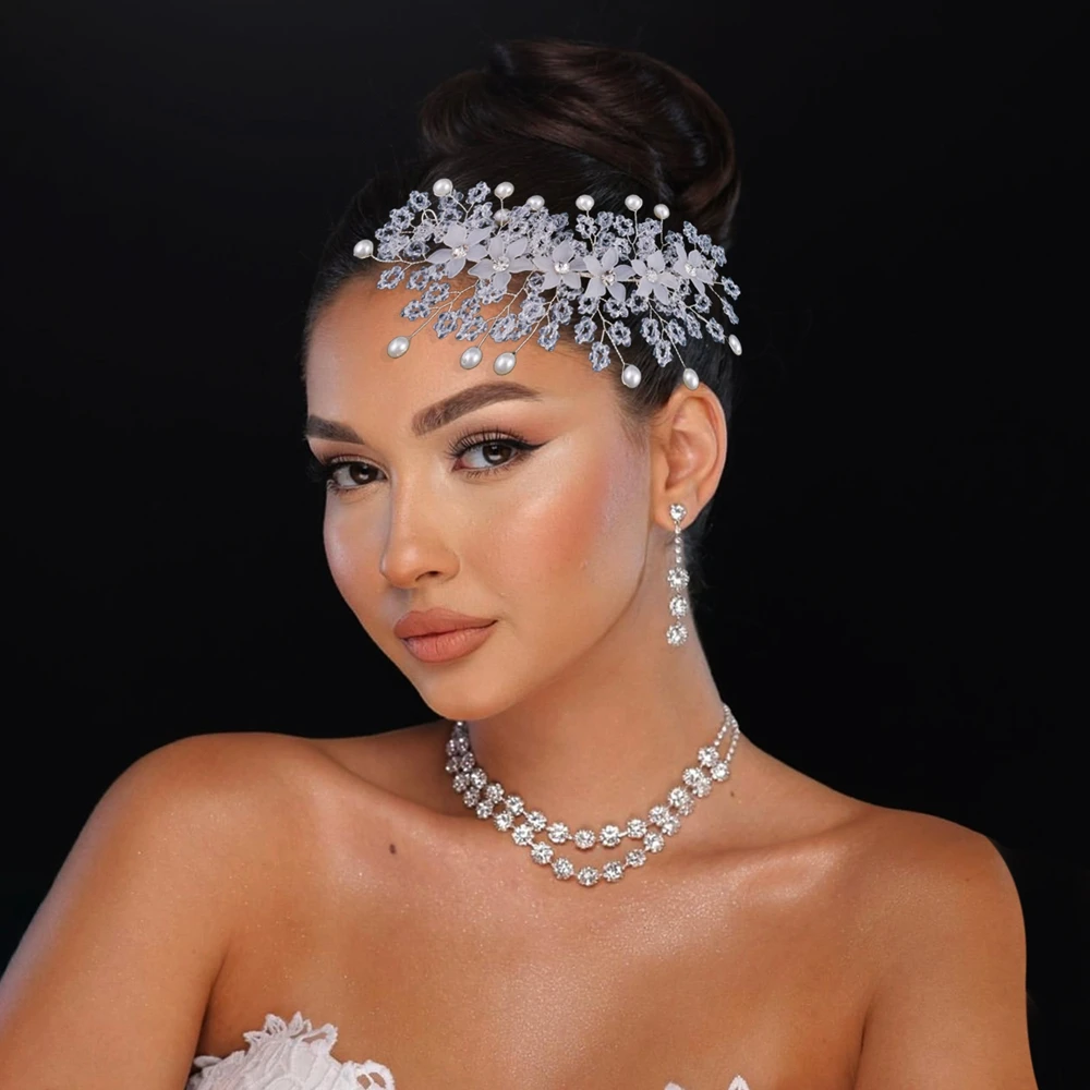 DZ143 Full Pearl Handmade Wedding Hair Accessories Luxury White Pearly Beads Chain Headpiece Tiaras And Crowns Bridal Tiara